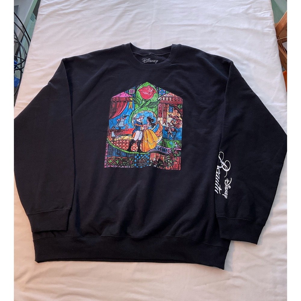 Disney Beauty and the Beast Stained Glass Graphic Sweatshirt Black XL Mad Engine